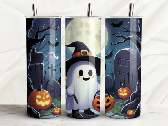 Cute Halloween Ghost Tumbler Wrap PNG for Branding and Graphics