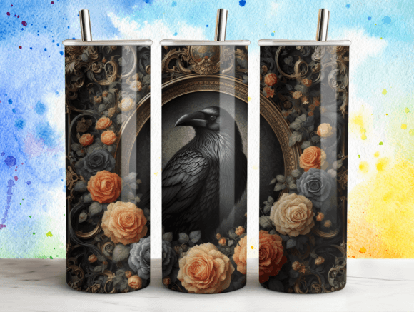 Gothic Raven Roses Halloween Tumbler PNG - A Graphic Design Asset for Tumbler Wraps