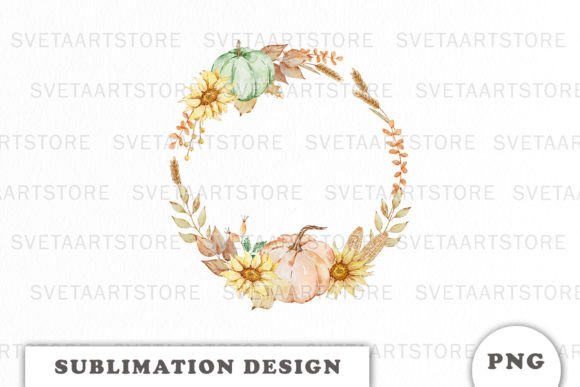 Watercolor Autumn Pumpkins Wreath Png for Digital Sellers