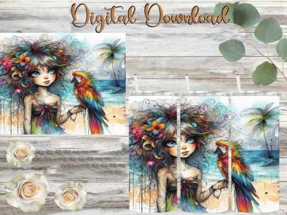 Whimsical Girl and Parrot Tumbler Graphics for Tumbler Wraps